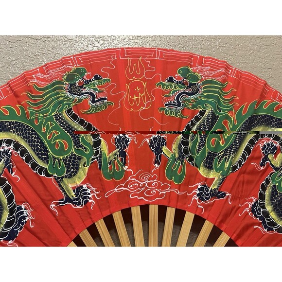 Large Japanese Asian Dragon Wall Fan Red Oriental Bamboo Wall Hanger 24”X40” - Picture 6 of 11